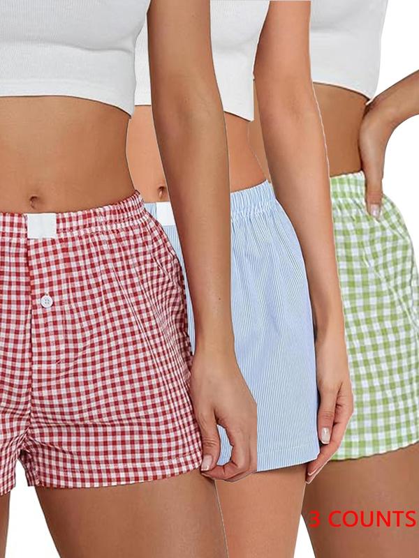 Women's Plaid Print Patched Button Shorts, Casual Striped Print Drop Waist Shorts for Fall, Ladies Bottoms for Daily Wear, Downtown Girl Clothes, Preppy 80s Clothes Womenswear