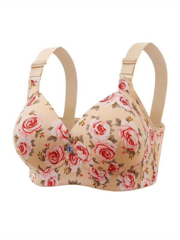 Women's Floral Print Push Up Bra, Adjustable Strap Rhinestone Decor Backless Bra, Soft Comfortable Breathable Lingerie for All Seasons