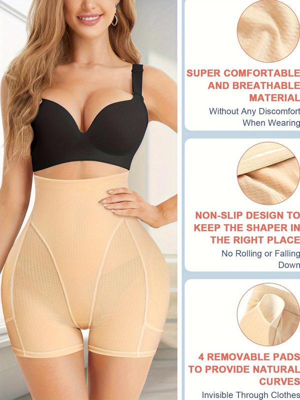 Women's Solid High Waist Seamless Removable Pad Shapewear Shorts, High Stretch Tummy Control Shapewear Clothing, Ladies Shapewear Bottoms for All Seasons