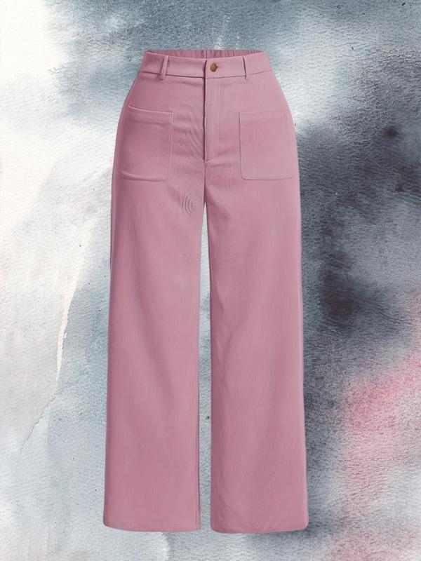 Plus Size Solid Color Pocket Button Fly Corduroy Pants, Casual Fashion Wide Leg Trousers for Daily Outdoor Wear, Comfy Pants,  Women Plus Clothing for Spring & Fall