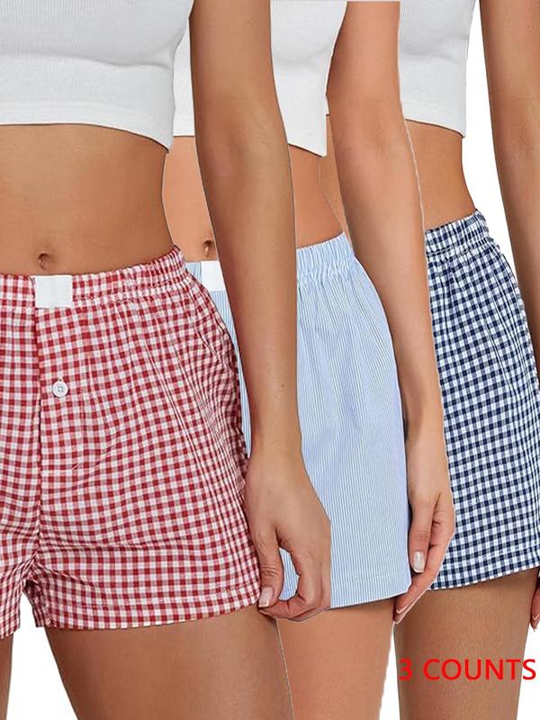 Women's Plaid Print Patched Button Shorts, Casual Striped Print Drop Waist Shorts for Fall, Ladies Bottoms for Daily Wear, Downtown Girl Clothes, Preppy 80s Clothes Womenswear