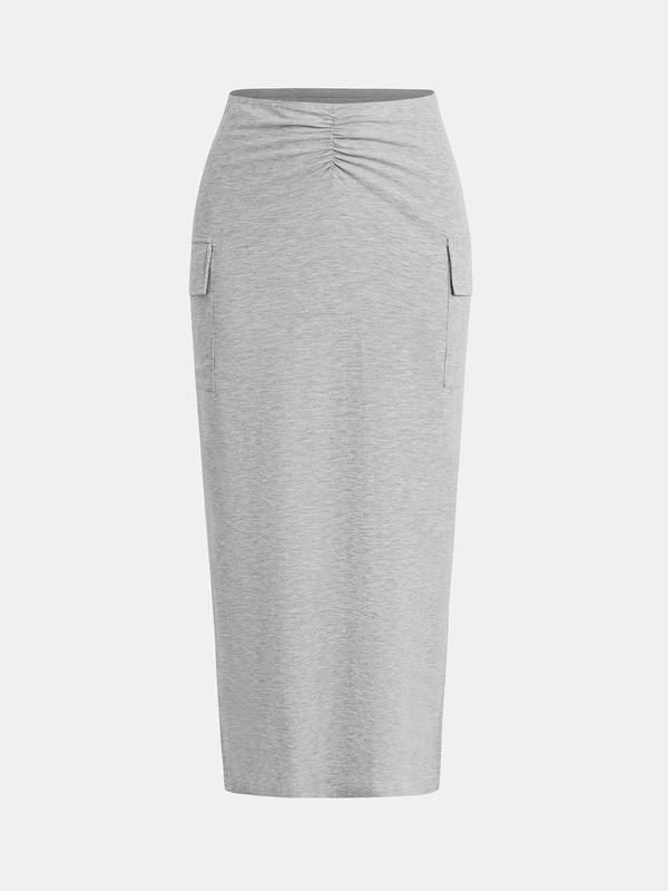 YOZY Women's Plain Ruched Pocket Bodycon Skirt, Casual Split Hem High Waist Long Skirt for Daily Wear, Ladies Bottoms for All Seasons