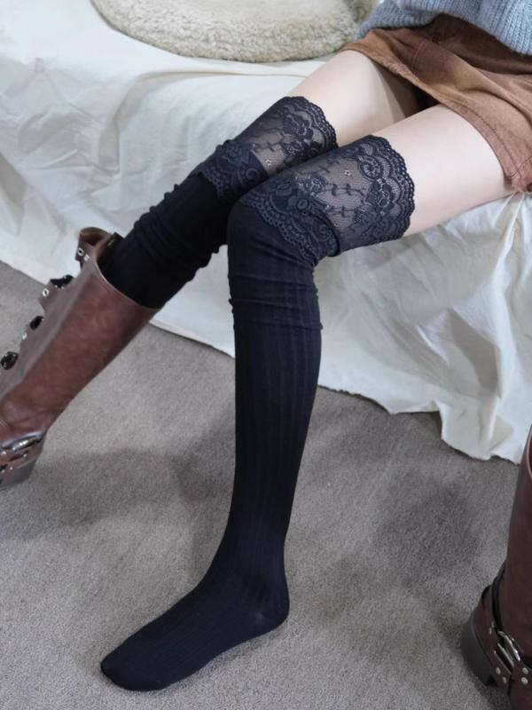 Women's Jacquard Contrast Lace Over The Knee Socks, Chic Trendy Casual Comfy Breathable Socks for Daily Wear, Ladies Socks for All Seasons