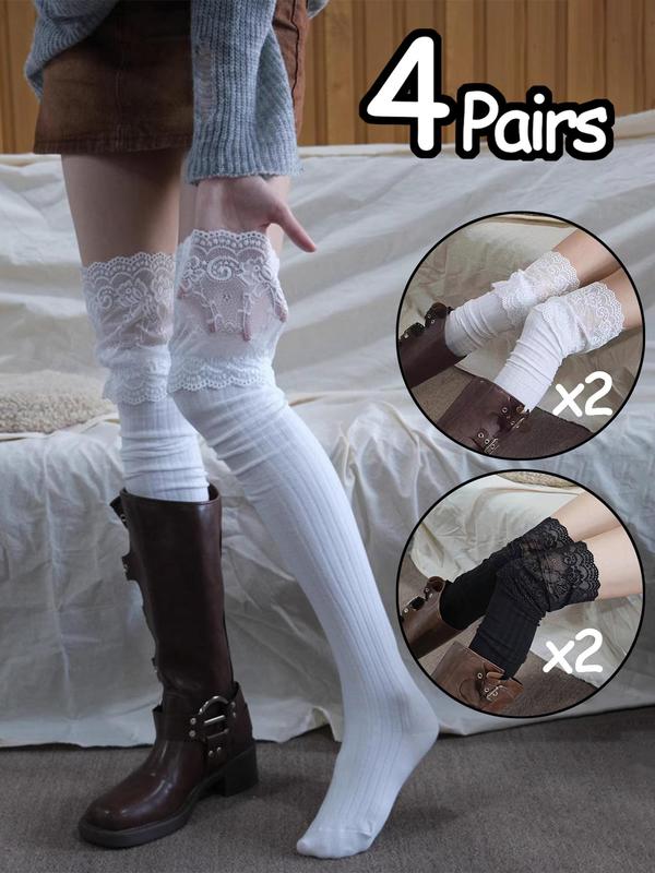 Women's Jacquard Contrast Lace Over The Knee Socks, Chic Trendy Casual Comfy Breathable Socks for Daily Wear, Ladies Socks for All Seasons