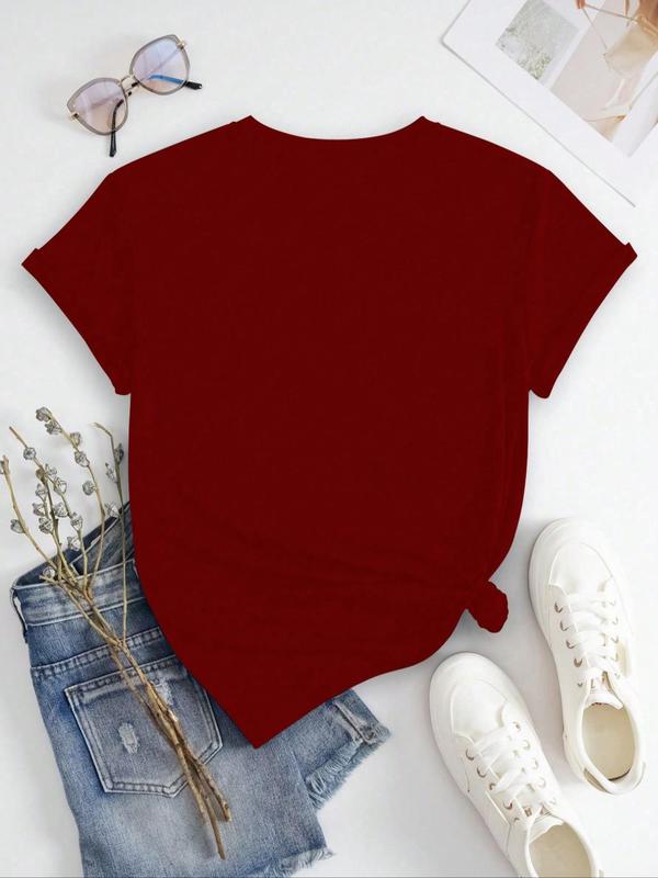 Women's Heart & Letter Print Round Neck Tee, Graphic Tees, Casual Short Sleeve Graphic T-shirt, T Shirts for Women, Ladies All Seasons Outfit for Daily Wear