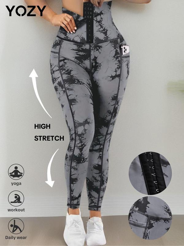 YOZY Women's Tie Dye Print Hook & Eye Front High Waist Leggings, Casual Comfy Breathable Pocket Design Skinny Pants for Daily Wear, Ladies Bottoms for All Seasons