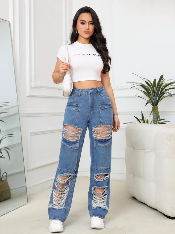 Women's Plain Ripped Straight Leg Vintage Jeans, Casual Street Flap Pocket Button Denim Trousers for Daily Wear, Jeans for Women, Ladies Bottoms for All Seasons, Pants for Women