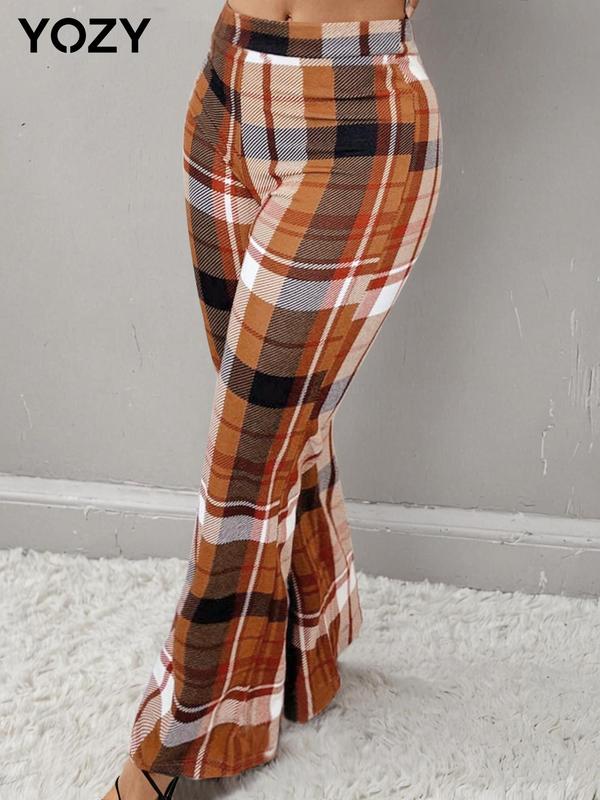 YOZY Women's Plaid Print Flare Leg Pants, Casual Comfy Bell Bottom Trousers for Daily Wear, Ladies Bottoms for All Seasons