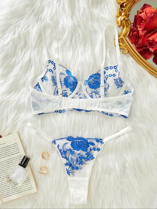 Women's Delicate Floral Embroidery Sheer Bra & Thong Set, Comfy Breathable Lingerie Set for Daily Wear, Women's Underwear Set for All Seasons