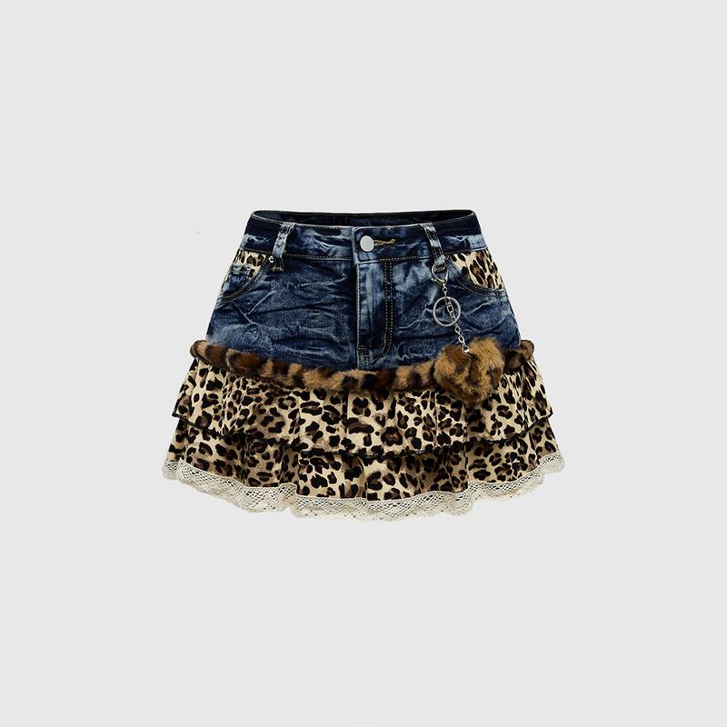 ROMWE Kawaii Y2K Style Leopard Print Patchwork Cute Denim Mini Skirt