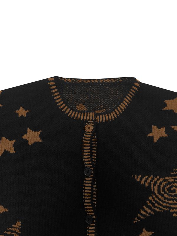 Women's Star Print Button Front Drop Shoulder Cardigan, Casual Long Sleeve Round Neck Knitwear for Fall & Winter, Fashion Ladies' Knit Clothing for Daily Wear