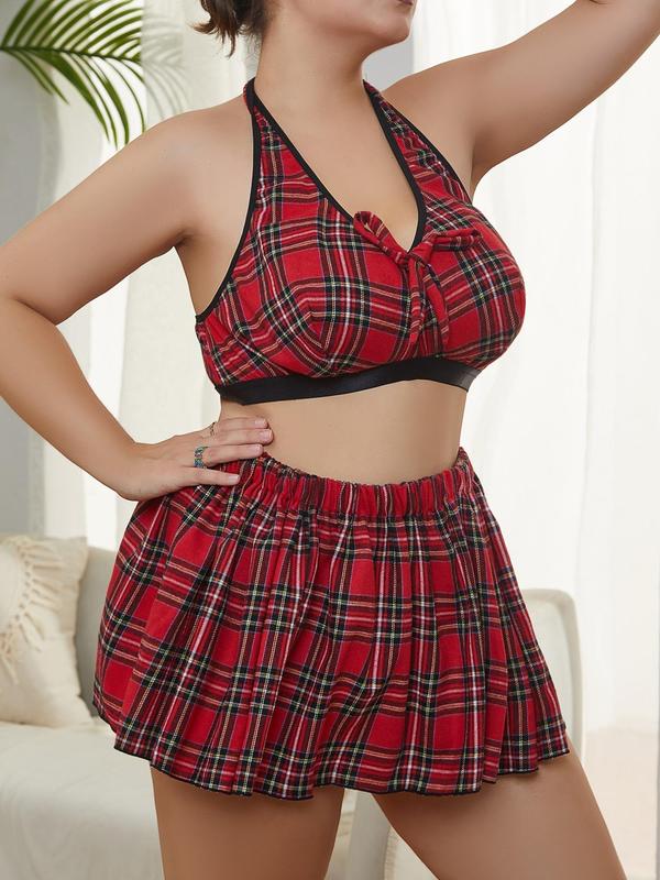 Three-Piece Set Plaid Print Bow Decor Halter Bra & Thong & A Line Skirt Set, Plus Size Lingerie Set, Women's Plus Lingerie & Underwear Set