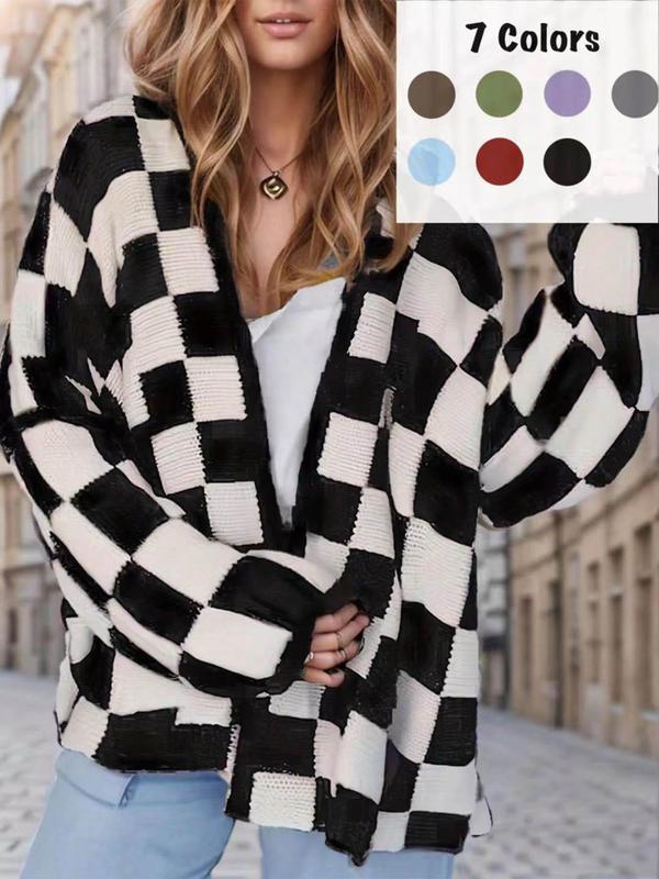 Women's Checkerboard Print Drop Shoulder Cardigan, Cardigans for Women, Casual Long Sleeve Open Front Knitwear for Fall,  Women's Sweaters, Women's Knit Clothing for Daily Wear