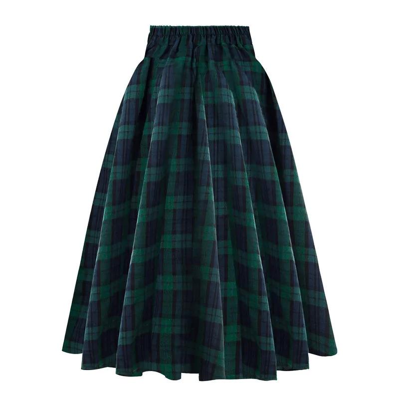 Vintage Red Black Plaid Print Skirts High Waist Pleated Skirt Preppy Style School Skirts Clothing Falda Women Casual Long Skirt