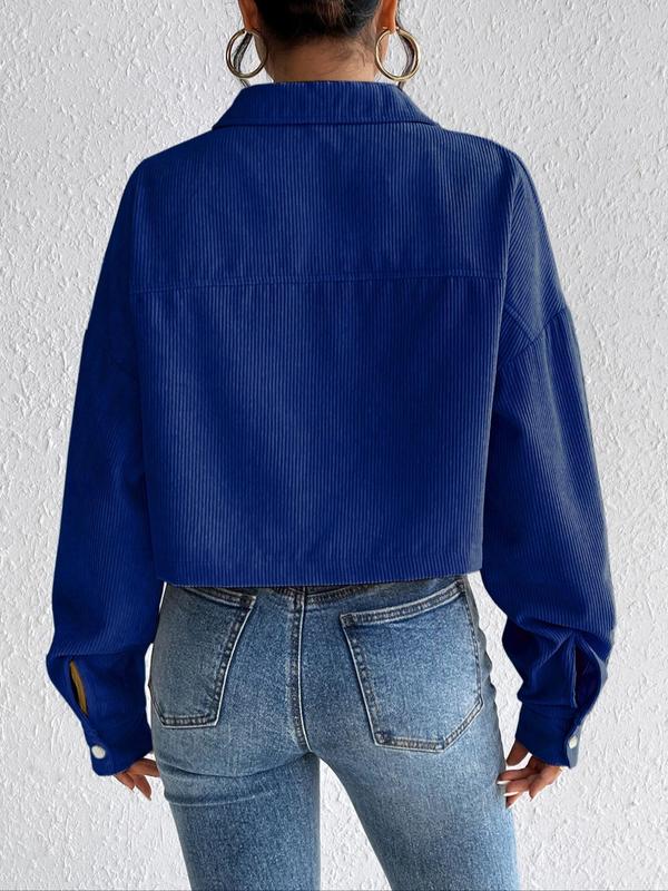 Women's Plain Button Front Drop Shoulder Crop Jacket, Casual Pocket Long Sleeve Corduroy Jacket for Fall & Winter, Comfy Fall Outfits for Women, Womenswear, Jackets for Women, Fall Clothes, 2024 Black Friday Haul, Fall Clothing Women, Vintage Clothing