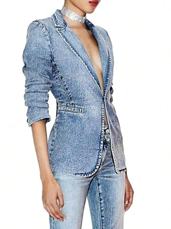 Women's Plain Pocket Button Denim Jacket, Casual Long Sleeve Lapel Neckline Outerwear for Spring & Fall, Ladies Clothes for Daily Wear Tops