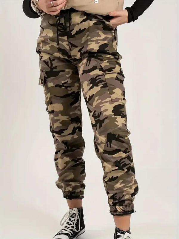 Women's Camo Print Drawstring Waist Cargo Pants, Casual Street Elastic Waist Pocket Pants for Daily Wear, Ladies Bottoms for All Seasons