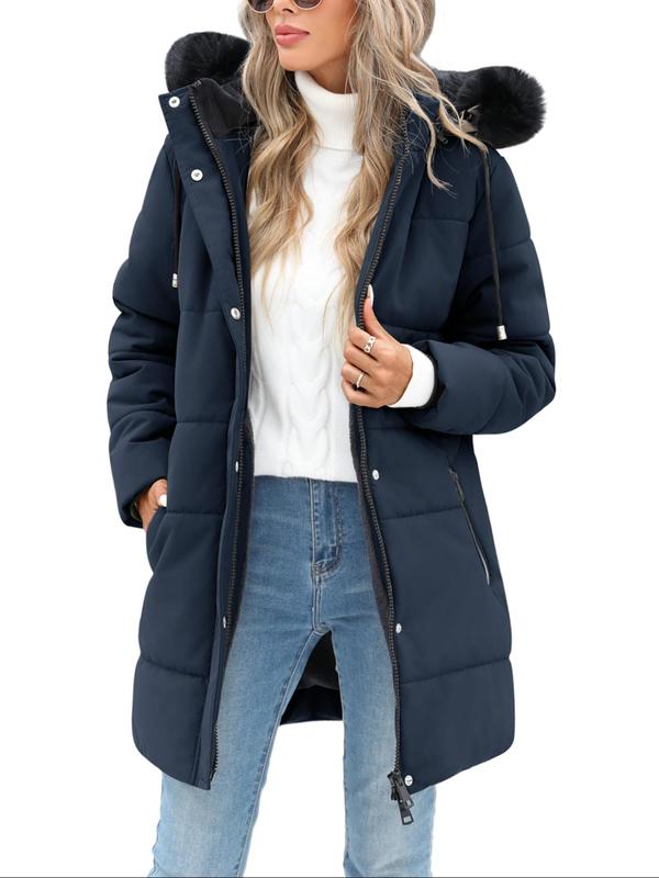 Women's Solid Color Zip Up Drawstring Fuzzy Trim Hooded Quilted Winter Coat, Casual Pocket Button Front Long Sleeve Outerwear for Fall & Winter, Ladies Clothes for Daily Wear