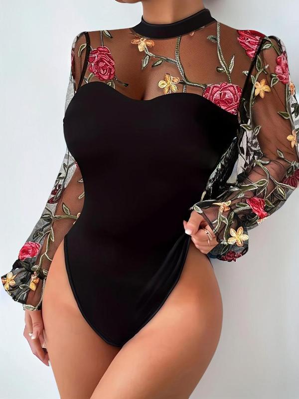 Women's Floral Embroidery Sheer Contrast Mesh Bodysuit, Sexy Mock Neck Flounce Sleeve Bodysuit, Summer Outfits, Ladies Clothes for Vacation Holiday