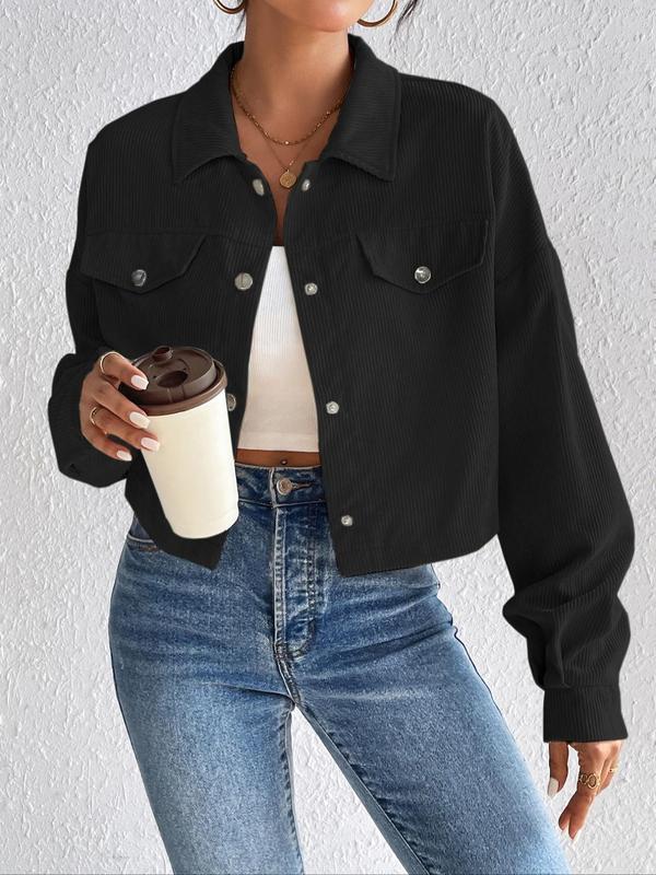 Women's Plain Button Front Drop Shoulder Crop Jacket, Casual Pocket Long Sleeve Corduroy Jacket for Fall & Winter, Comfy Fall Outfits for Women, Womenswear, Jackets for Women, Fall Clothes, 2024 Black Friday Haul, Fall Clothing Women, Vintage Clothing