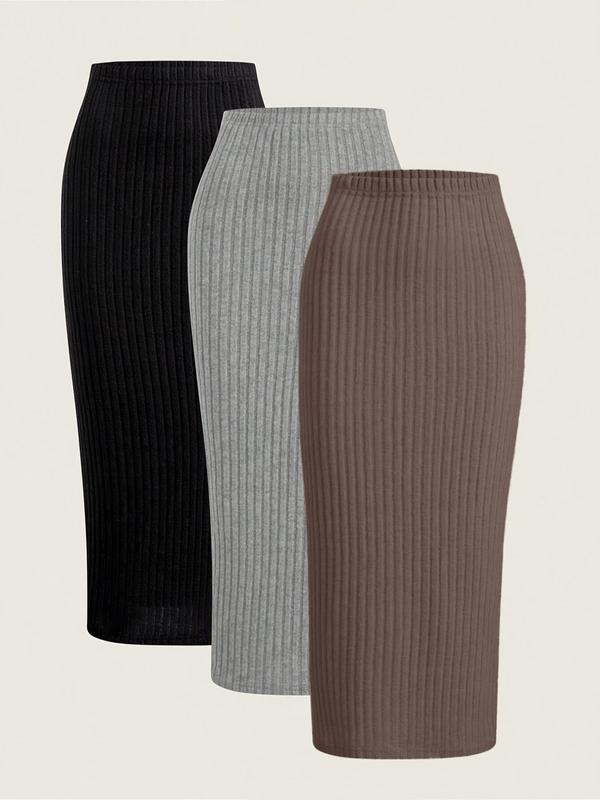  Solid Ribbed Bodycon Skirt, Elegant Fashion Casual Comfy Skirt for Daily Outdoor Wear, Women Clothing for All Seasons