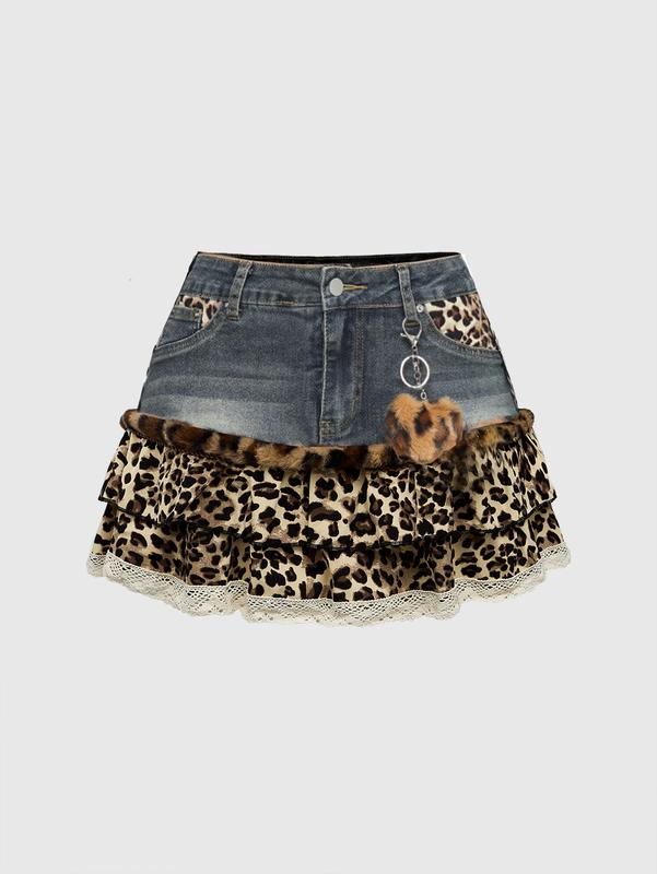 ROMWE Kawaii Y2K Style Leopard Print Patchwork Cute Denim Mini Skirt