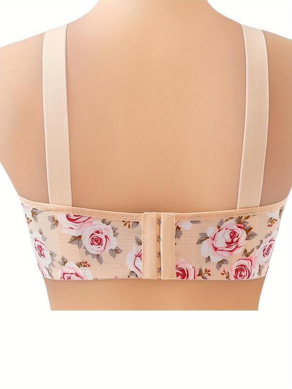 Women's Floral Print Push Up Bra, Adjustable Strap Rhinestone Decor Backless Bra, Soft Comfortable Breathable Lingerie for All Seasons