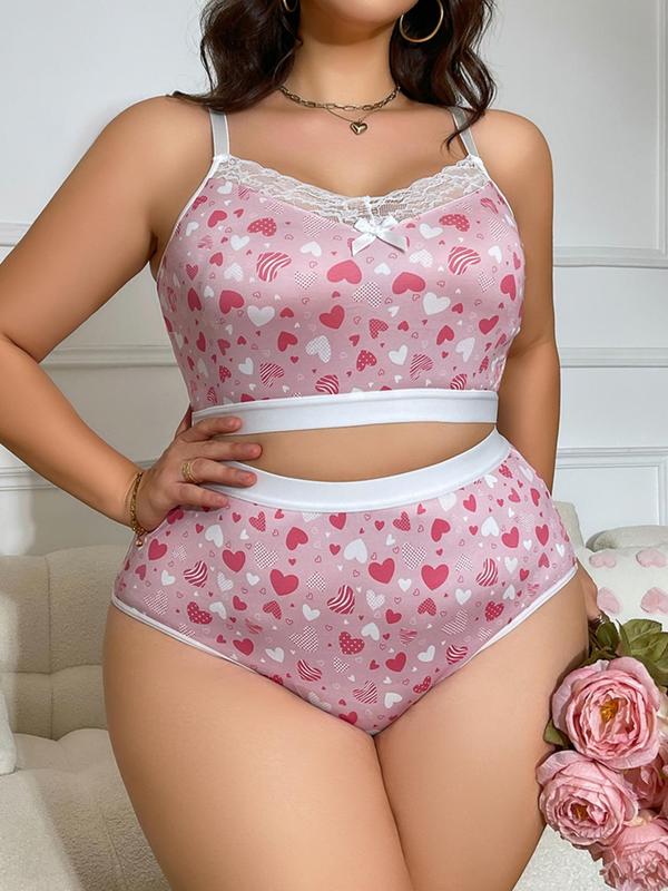  Two-Piece Set All Over Heart Graphic Print Contrast Lace Bra & Panty Set, Bow Front Wireless Bra & High Waist Panty Underwear Set, Lingerie Set for Women