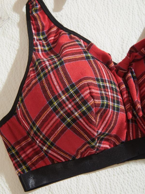 Three-Piece Set Plaid Print Bow Decor Halter Bra & Thong & A Line Skirt Set, Plus Size Lingerie Set, Women's Plus Lingerie & Underwear Set