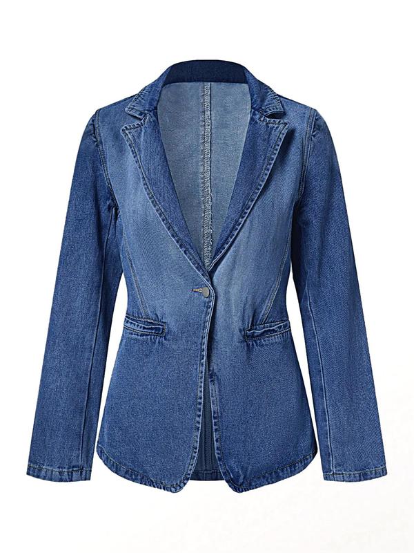 Women's Plain Pocket Button Denim Jacket, Casual Long Sleeve Lapel Neckline Outerwear for Spring & Fall, Ladies Clothes for Daily Wear Tops