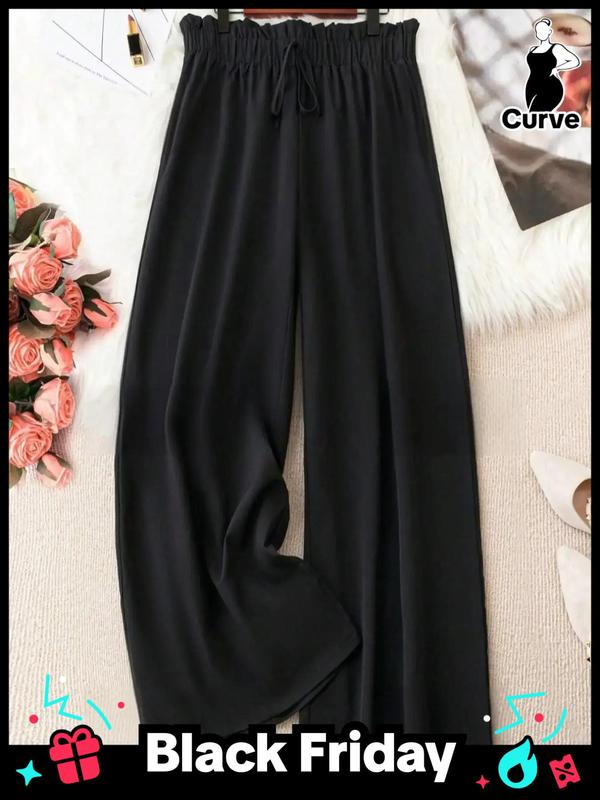  Solid Tie Front Wide Leg Pants, Casual Comfy Trousers for Daily Wear, Women's Bottoms for All Seasons