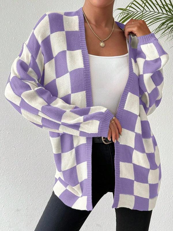 Women's Checkerboard Print Drop Shoulder Cardigan, Cardigans for Women, Casual Long Sleeve Open Front Knitwear for Fall,  Women's Sweaters, Women's Knit Clothing for Daily Wear