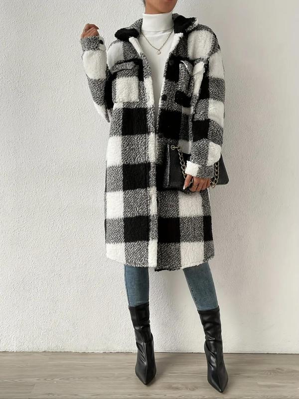 Women's Plaid Print Button Front Drop Shoulder Plush Coat, Casual Long Sleeve Collared Outerwear for Fall & Winter, Ladies Clothes for Daily Wear