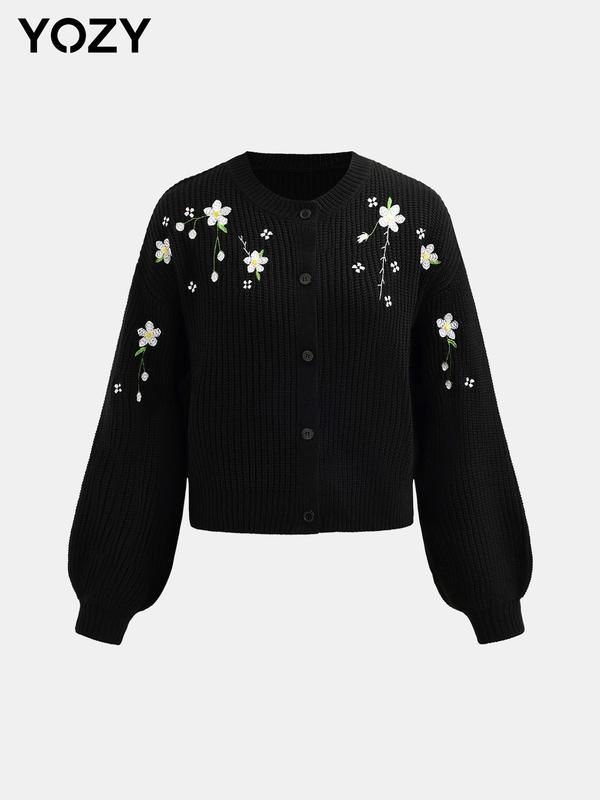 YOZY Women's Floral Embroidery Button Front Crop Sweater Cardigan, Casual Long Sleeve Round Neck Knitwear for Fall & Winter, Fashion Women's Knit Clothing for Daily Wear