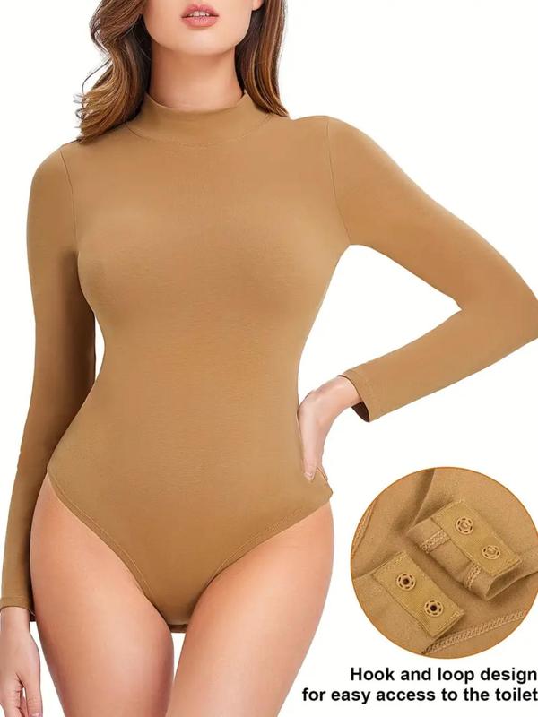 Women's Solid Long Sleeve Mock Neck Shapewear Bodysuit, Casual Comfy Tummy Control Butt Lift Shaper Bodysuit for Daily Wear, Ladies Shapewear for All Seasons