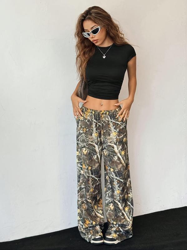 Women's Camo Print Drawstring Waist Wide Leg Pants, Casual Pocket Trousers for Fall & Winter, Women's Bottoms for Daily Wear