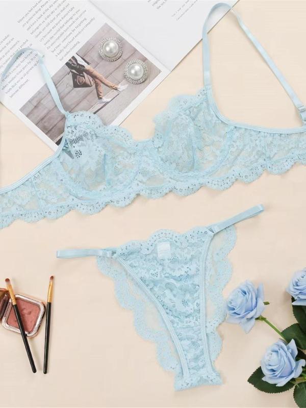 Women's Sheer Floral Lace Sexy Lingerie Set, Soft Comfy Adjustable Strap Bra & Scallop Trim Thong Set, Lingerie Set for Women