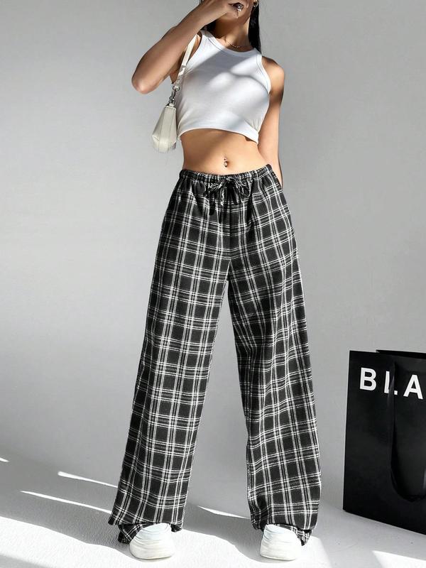 Women's Plaid Print Drawstring Waist Wide Leg Pants, Casual Comfy Pocket Trousers for Daily Wear, Ladies Bottoms for Fall & Winter