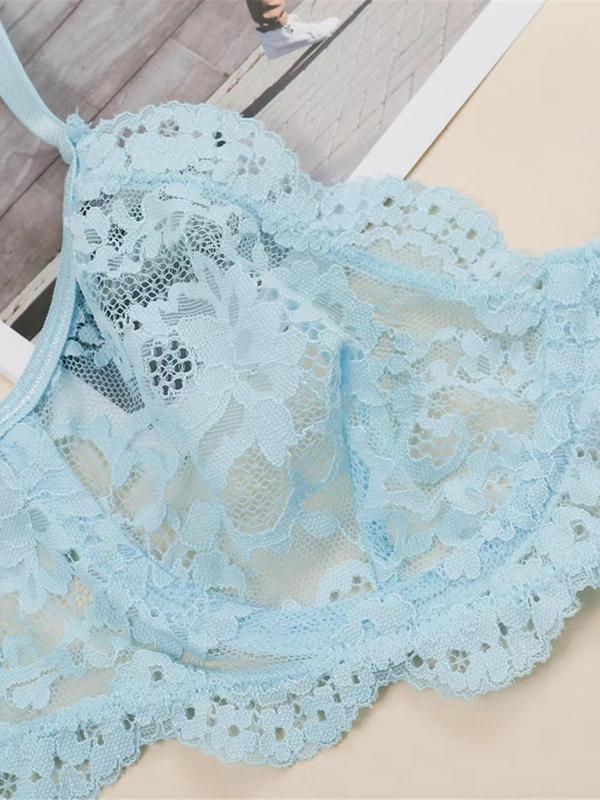 Women's Sheer Floral Lace Sexy Lingerie Set, Soft Comfy Adjustable Strap Bra & Scallop Trim Thong Set, Lingerie Set for Women