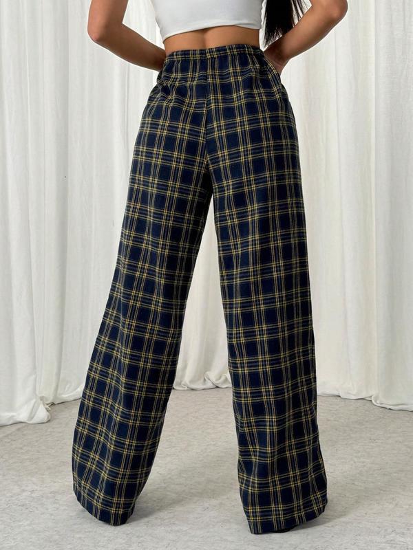 Women's Plaid Print Drawstring Waist Wide Leg Pants, Casual Comfy Pocket Trousers for Daily Wear, Ladies Bottoms for Fall & Winter