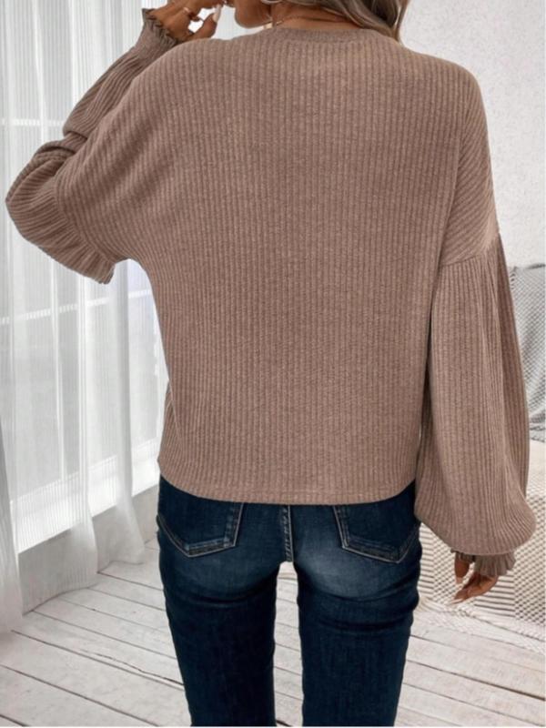 Women's Plain Ribbed Bishop Sleeve Sweater Pullover, Casual Shirred Long Sleeve Round Neck Jumper for Spring & Fall, Fashion Women's Knitwear for Daily Wear