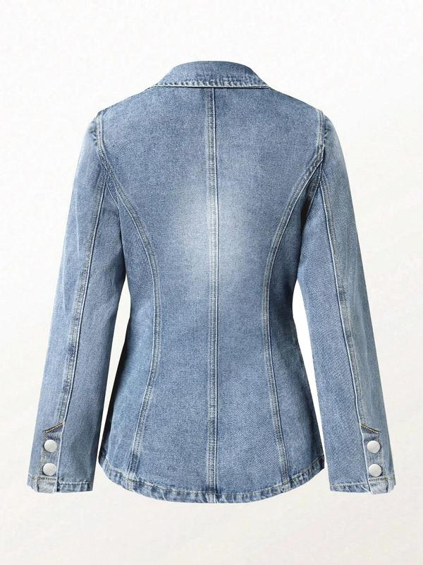 Women's Plain Pocket Button Denim Jacket, Casual Long Sleeve Lapel Neckline Outerwear for Spring & Fall, Ladies Clothes for Daily Wear Tops