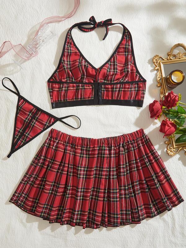 Three-Piece Set Plaid Print Bow Decor Halter Bra & Thong & A Line Skirt Set, Plus Size Lingerie Set, Women's Plus Lingerie & Underwear Set