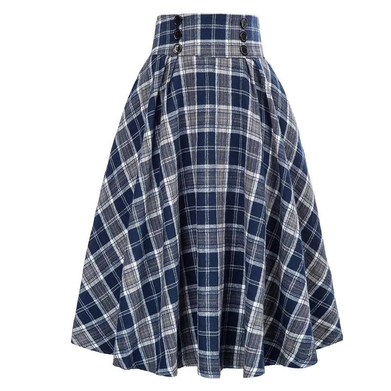 Vintage Red Black Plaid Print Skirts High Waist Pleated Skirt Preppy Style School Skirts Clothing Falda Women Casual Long Skirt