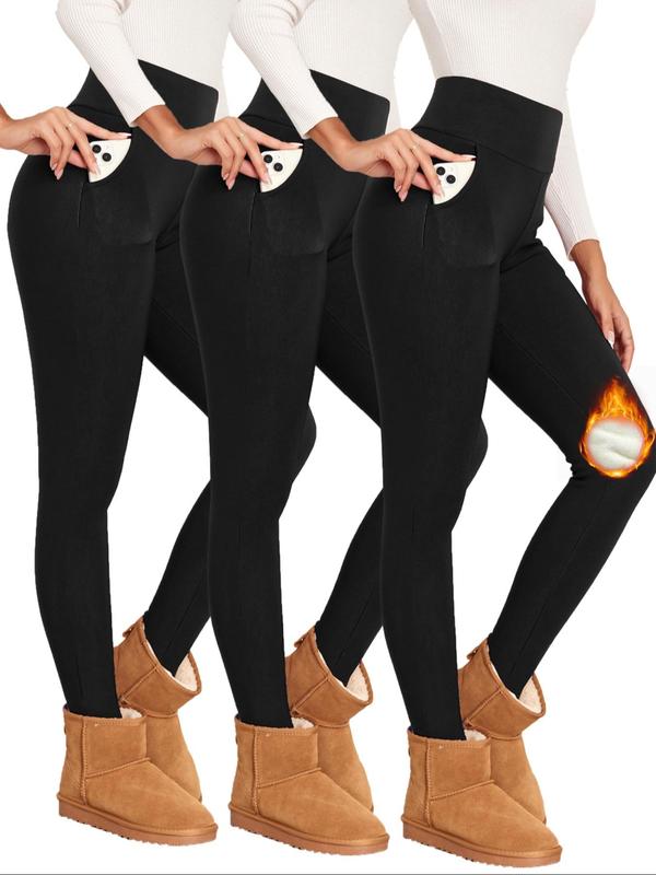 Women's Solid High Waist Thermal Lined Leggings, Casual Comfy Pocket Design Skinny Pants for Fall & Winter, Women's Bottoms for Daily Wear