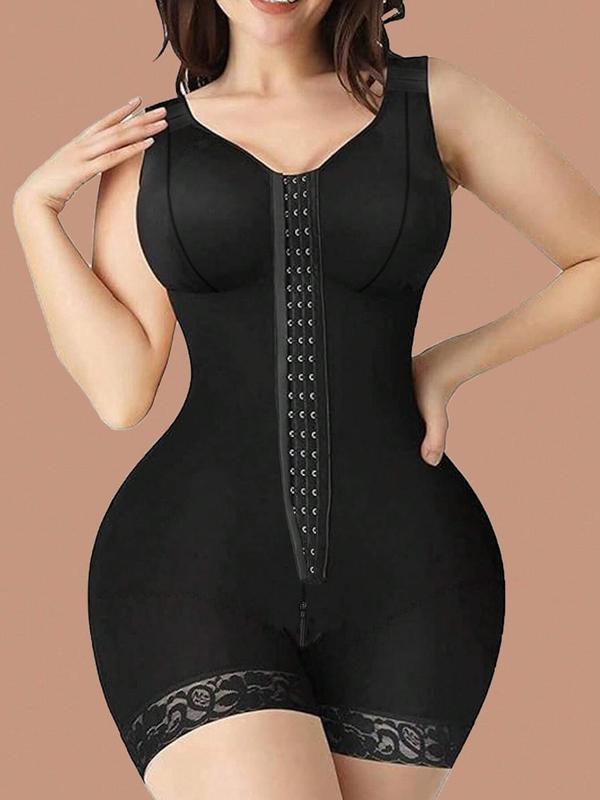 Women's Contrast Lace Hook & Eye Front Shapewear Romper, High Stretch Tummy Control Butt Lifting Shaper, Women's Shapewear Bodysuit for Daily Wear