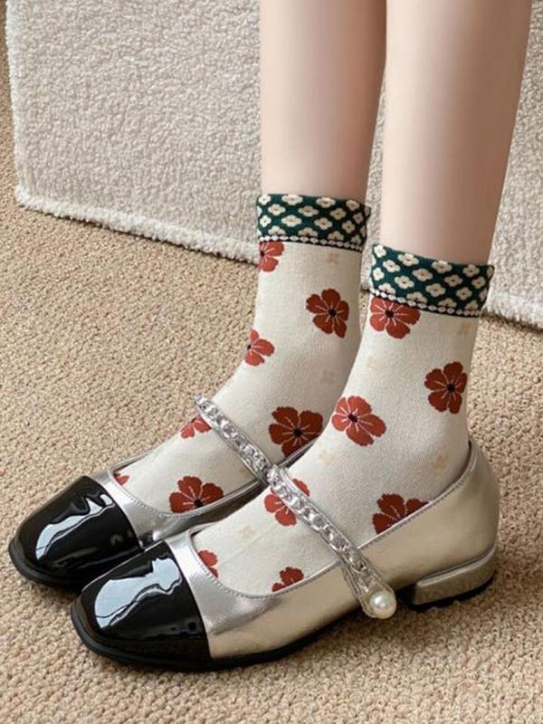 Women's Floral Print Crew Socks, Casual Comfy Breathable Socks for Fall & Winter, Women's Socks for Daily Wear