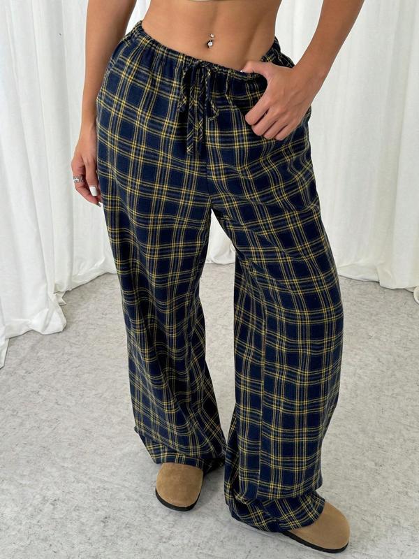 Women's Plaid Print Drawstring Waist Wide Leg Pants, Casual Comfy Pocket Trousers for Daily Wear, Ladies Bottoms for Fall & Winter