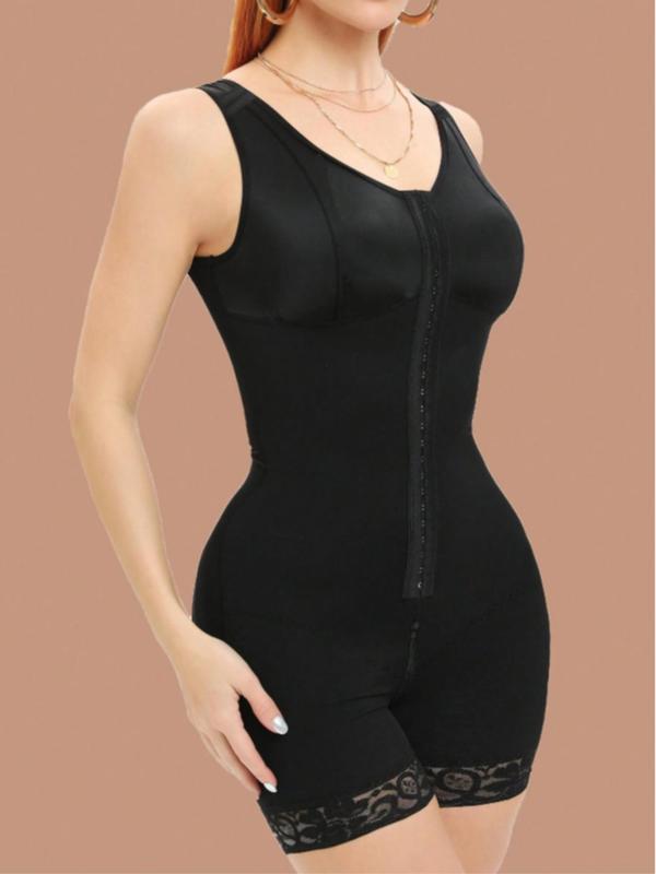 Women's Contrast Lace Hook & Eye Front Shapewear Romper, High Stretch Tummy Control Butt Lifting Shaper, Women's Shapewear Bodysuit for Daily Wear