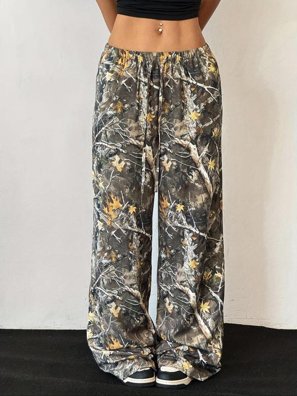 Women's Camo Print Drawstring Waist Wide Leg Pants, Casual Pocket Trousers for Fall & Winter, Women's Bottoms for Daily Wear